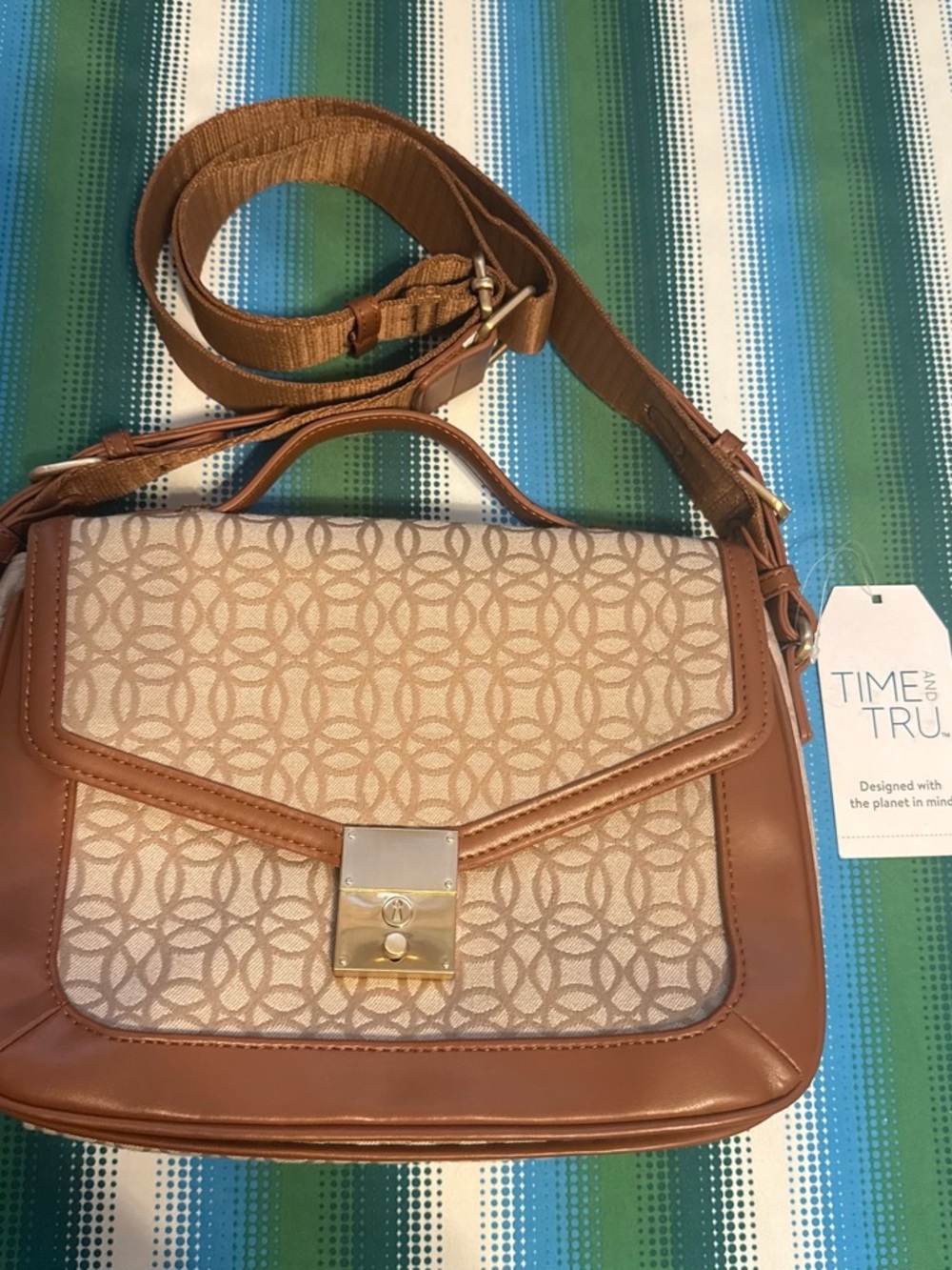 Time and Tru Tan Patterned Satchel with Gold Hardware